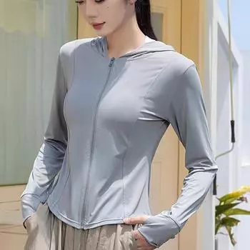 Летняя одежда для защиты от солнца для женщин, дышащая, анти-ультрафиолетовая, облегающая куртка, тонкий летний спортивный стиль с капюшоном L серый