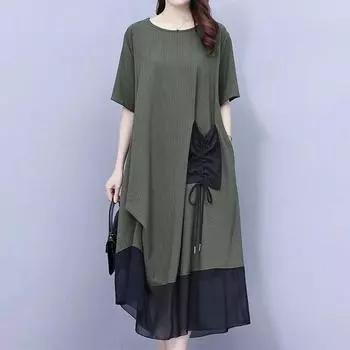 Летняя одежда для женщин, модное лоскутное гофрированное платье в Корейском стиле с круглым вырезом, трехмерное украшение, платье средней длины с короткими рукавами XL зелёный