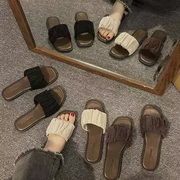 Летняя одежда. Французские плиссированные шлепанцы. Сандалии Fairy с плоской квадратной головкой. 35 грязно-белый