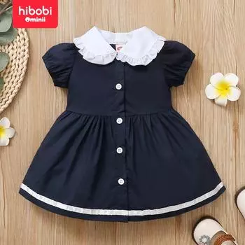 Летняя одежда hibobi для девочек, повседневное повседневное милое королевское синее платье с короткими рукавами и рюшами с лацканами 3-6 Months темно-синий