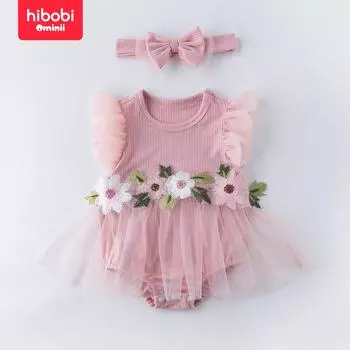Летняя одежда hibobi, новая детская одежда, детский комбинезон без рукавов плюс марля Hayi, цельный костюм с вышивкой для маленьких девочек, комплект из двух предметов на голову 0-3 Months розовый