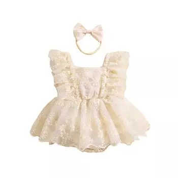 Летняя одежда из 2 предметов для маленьких девочек, 6, 12, 18, 24 месяцев, кружевной комбинезон с рюшами и рукавами и квадратным вырезом, комплект с повязкой на голову 0-6 Months бежевый
