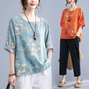 Летняя одежда из хлопка и льна, тонкая футболка с круглым вырезом и короткими рукавами для мам XXXL оранжевый