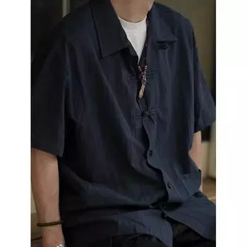 Летняя одежда мужская ретро повседневная рубашка студенческая свободная нишевая дизайнерская забавная новая мужская верхняя часть для ношения на открытом воздухе M синий