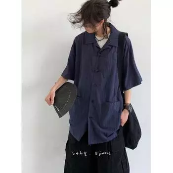 Летняя одежда мужская ретро повседневная рубашка студенческая свободная нишевая дизайнерская забавная новая мужская верхняя часть для ношения на открытом воздухе M синий