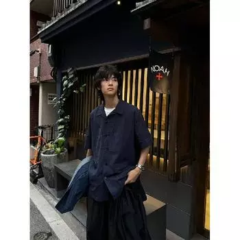 Летняя одежда мужская ретро повседневная рубашка студенческая свободная нишевая дизайнерская забавная новая мужская верхняя часть для ношения на открытом воздухе M синий