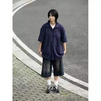 Летняя одежда мужская ретро повседневная рубашка студенческая свободная нишевая дизайнерская забавная новая мужская верхняя часть для ношения на открытом воздухе M синий