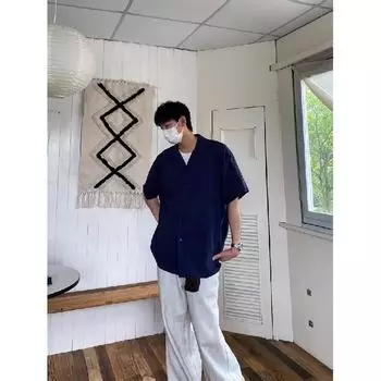 Летняя одежда мужская ретро повседневная рубашка студенческая свободная нишевая дизайнерская забавная новая мужская верхняя часть для ношения на открытом воздухе M синий