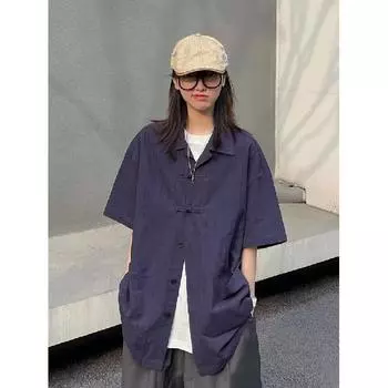 Летняя одежда мужская ретро повседневная рубашка студенческая свободная нишевая дизайнерская забавная новая мужская верхняя часть для ношения на открытом воздухе M синий