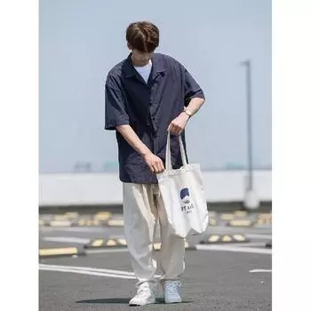 Летняя одежда мужская ретро повседневная рубашка студенческая свободная нишевая дизайнерская забавная новая мужская верхняя часть для ношения на открытом воздухе M синий