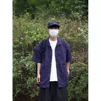 Летняя одежда мужская ретро повседневная рубашка студенческая свободная нишевая дизайнерская забавная новая мужская верхняя часть для ношения на открытом воздухе M синий