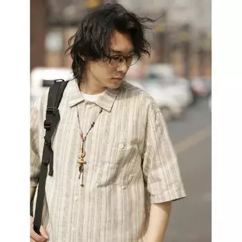 Летняя одежда мужская ретро повседневная рубашка студенческая свободная нишевая дизайнерская забавная новая мужская верхняя часть для ношения на открытом воздухе M хаки