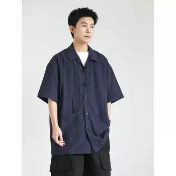 Летняя одежда мужская ретро повседневная рубашка студенческая свободная нишевая дизайнерская забавная новая мужская верхняя часть для ношения на открытом воздухе M синий