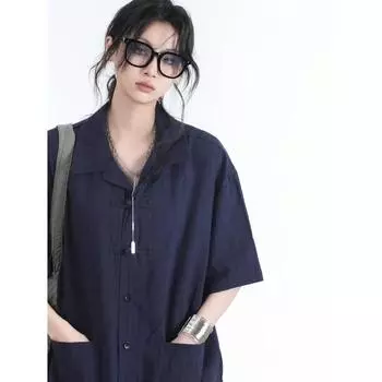 Летняя одежда мужская ретро повседневная рубашка студенческая свободная нишевая дизайнерская забавная новая мужская верхняя часть для ношения на открытом воздухе M синий