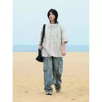 Летняя одежда мужская ретро повседневная рубашка студенческая свободная нишевая дизайнерская забавная новая мужская верхняя часть для ношения на открытом воздухе M хаки