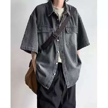 Летняя одежда мужская ретро повседневная рубашка студенческая свободная нишевая дизайнерская забавная новая мужская верхняя часть для ношения на открытом воздухе M чёрный