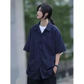 Летняя одежда мужская ретро повседневная рубашка студенческая свободная нишевая дизайнерская забавная новая мужская верхняя часть для ношения на открытом воздухе M синий