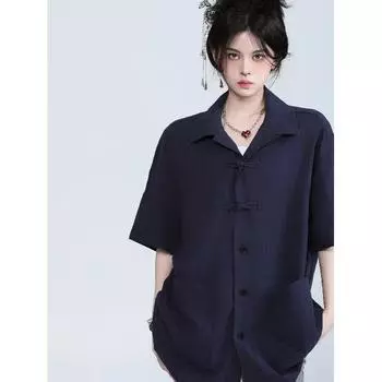 Летняя одежда мужская ретро повседневная рубашка студенческая свободная нишевая дизайнерская забавная новая мужская верхняя часть для ношения на открытом воздухе M синий