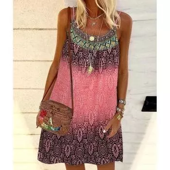 Летняя одежда, повседневное платье на бретельках без рукавов в богемном стиле, свободное вечернее мини-пляжное платье с принтом, женское абайя, женское платье на бретельках больших размеров, женское S розовый