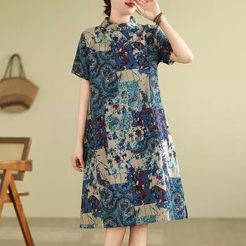 Летняя одежда Ретро-искусство Китайский стиль Улучшенный Cheongsam Свободное платье средней длины для женщин M синий