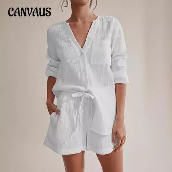 Летняя одежда с длинными рукавами для кондиционирования воздуха, двухслойные марлевые шорты, комплект из хлопковой пижамы, не раздражающая кожу женская домашняя одежда S белый