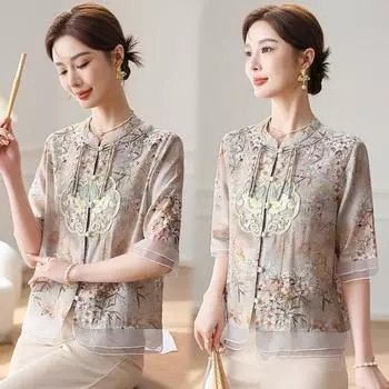 Летняя одежда, стиль вестерн, одежда для мам, печатная краска, рубашка с короткими рукавами в национальном стиле, летние топы для женщин среднего и пожилого возраста XXXXXL