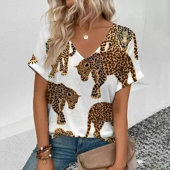 Летняя одежда V-образный вырез Сексуальная леопардовая футболка с рисунком животных женская рубашка с коротким рукавом уличная корейская женская одежда S