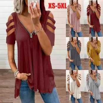 Летняя одежда, женские модные повседневные топы с открытыми плечами и короткими рукавами, блузки на молнии с глубоким v-образным вырезом, женская хлопковая однотонная футболка