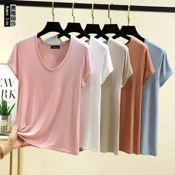 Летняя однотонная базовая футболка с U-образным вырезом для женщин с коротким рукавом свободного кроя из модала M светло-синий