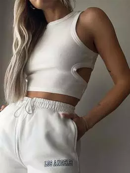 Летняя однотонная футболка без рукавов, вязаная футболка с высокой талией и низом для ночного клуба, женская футболка со стрингами S чёрный