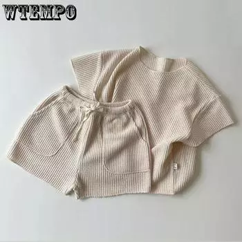 Летняя однотонная футболка для мальчиков и девочек, мягкий пуловер, топ с короткими рукавами, детские шорты для девочек, простой свободный комплект домашней одежды для малышей 73 жёлтый