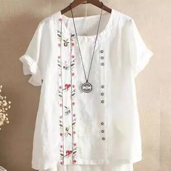 Летняя однотонная футболка из хлопка и льна с вышивкой и круглым вырезом с короткими рукавами M белый