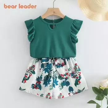 Летняя однотонная футболка с круглым вырезом Bear Leader + брюки с цветочным принтом, костюм для девочек, топ с летящими рукавами и брюки с поясом, комплекты из двух предметов 3T