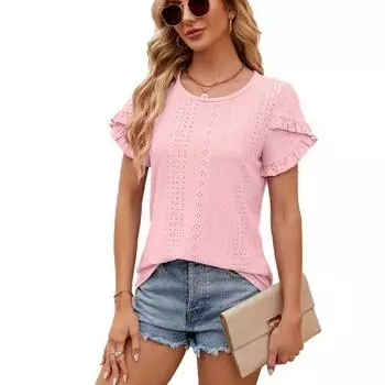 Летняя однотонная футболка с круглым вырезом и короткими рукавами с лепестками, ажурная футболка, женские футболки S белый