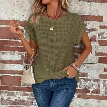 Летняя однотонная футболка с круглым вырезом Элегантные короткие футболки с закрученным подолом для женщин S коралловый