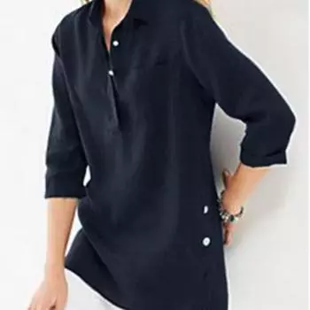 Летняя однотонная хлопковая льняная блузка женская с карманом на пуговицах полуоткрытая рубашка с рукавом семь четвертей нестандартной формы S хаки