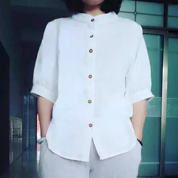 Летняя однотонная хлопково-льняная рубашка женская, большие размеры, блузка с коротким рукавом, свободные рубашки с круглым вырезом на пуговицах, рубашки большого размера, женские топы XL белый