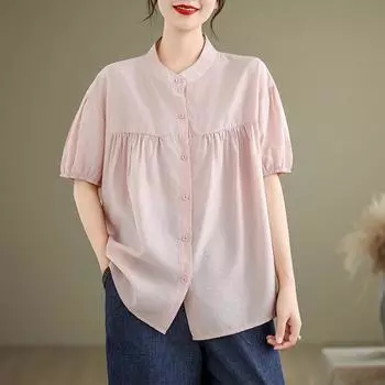 Летняя однотонная художественная свободная повседневная утягивающая рубашка с короткими рукавами для женщин L розовый