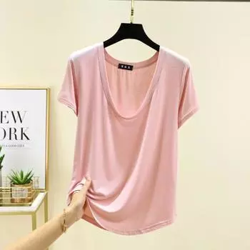Летняя однотонная модальная футболка с U-образным вырезом и короткими рукавами для женщин, большой размер, базовый слой, тонкий свободный топ для верхней одежды, футболки женские M темно-серого