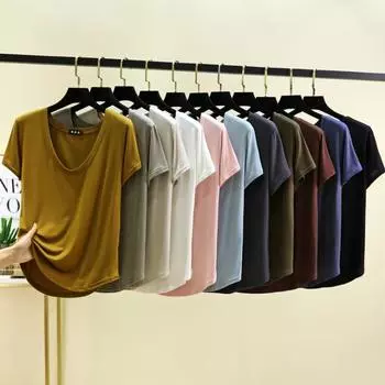 Летняя однотонная модальная футболка с U-образным вырезом и короткими рукавами для женщин, большой размер, базовый слой, тонкий свободный топ для верхней одежды, футболки женские M