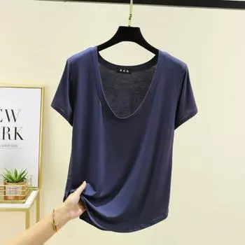 Летняя однотонная модальная футболка с U-образным вырезом и короткими рукавами для женщин, большой размер, базовый слой, тонкий свободный топ для верхней одежды, футболки женские XXL джинсовый синий