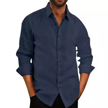 Летняя однотонная мужская одежда с лацканами и пуговицами, мужская хлопковая льняная рубашка S