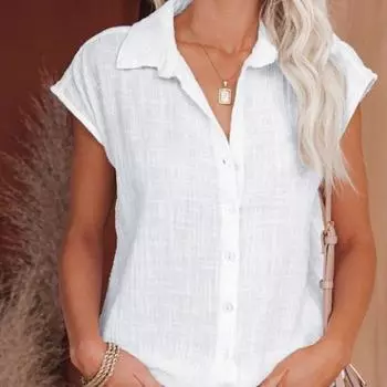 Летняя однотонная однобортная рубашка, женская повседневная блузка с короткими рукавами и лацканами, топ S синий