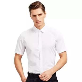 Летняя однотонная офисная мужская рубашка из 100% хлопка с короткими рукавами и без глажки S