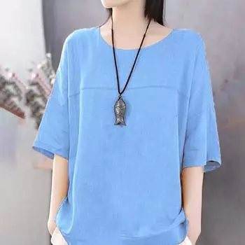 Летняя однотонная повседневная рубашка из хлопка и льна в художественном стиле с короткими рукавами, свободная женская футболка больших размеров M зелёный