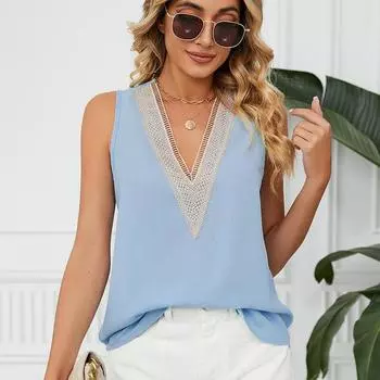 Летняя однотонная повседневная шифоновая рубашка, женский свободный пуловер с v-образным вырезом, блузка с вышивкой, женская мода 2023, топ без рукавов, жилет 25123 S небесно-голубой