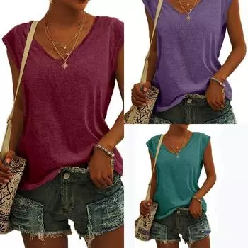 Летняя однотонная повседневная свободная жилетка с короткими рукавами и v-образным вырезом, женская футболка