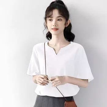 Летняя однотонная повседневная универсальная женская футболка с коротким рукавом, свободная стильная футболка с v-образным вырезом, модная женская одежда XXL белый