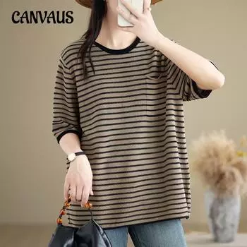 Летняя однотонная пуловерная футболка больших размеров с круглым вырезом, женские свободные полосатые топы с короткими рукавами в стиле ретро One Size бежевый