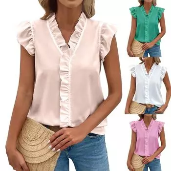 Летняя однотонная рубашка с v-образным вырезом и оборками для женской рубашки без рукавов L бежевый